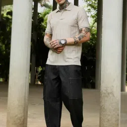 Campus Sutra Beige Polycotton Regular Fit Textured Polo T-Shirt image 5