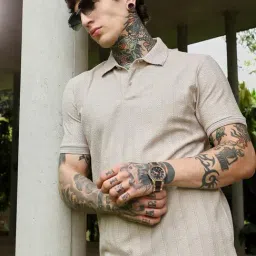 Campus Sutra Beige Polycotton Regular Fit Textured Polo T-Shirt image 3