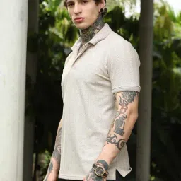 Campus Sutra Beige Polycotton Regular Fit Textured Polo T-Shirt image 4