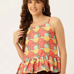 FERANOID Floral Print Ruffles Linen Peplum Top image 1