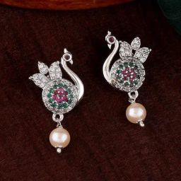 Estele Rhodium-Plated CZ Beautiful Peacock Design Pearl Drop Earrings-picture-26