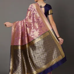 Mitera Peach-Coloured & Blue Silk Blend Woven Design Kanjeevaram Saree image 3