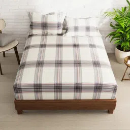 KOPA Envogue Offwhite Microfibre Checks 152 TC Double Flat Bedsheet with 2 Pillow Covers-image-70