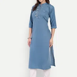 4u Fashion Women Blue Cotton Solid Straight Kurtas image 3