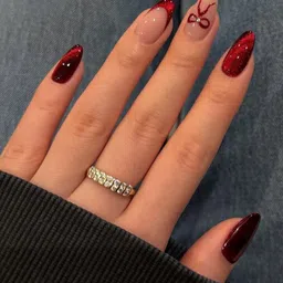 HAPPY FINGERS – 12 Piece Long Lasting Cat Eye Red Press On Nails with Magnetic Glitter Effect – Reusable Fake Nails Kit for Women, Almond Shape Gel Based for Parties (Ruby Ribbon) image 3