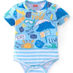 Babyhug 100% Cotton Knit Half Sleeves Beach Themed Onesie - Blue-image-43