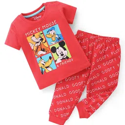 Babyhug Disney Cotton Knit Half Sleeves Night Suit with Mickey Mouse Family Print - Red-picture-14