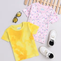 BUMZEE Pack Of 2 Half Sleeves Tie Dye & Unicorn Printed Tees - Pink & Yellow-image-70