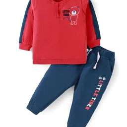 Kookie Kids Terry Knit Full Sleeves Winter Wear T-Shirt & Lounge Pant Set With Animal Print & Cut & Sew Design - Red & Blue-picture-25
