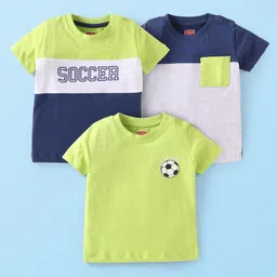 Babyhug Cotton Knit Half Sleeves T-Shirts with Soccer Print Pack of 3 - Lime Green & White-image-50