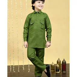 BT DEZINES Cotton Blend Full Sleeves Solid Pathani Kurta & Salwar Set - Mehandi Green image 1