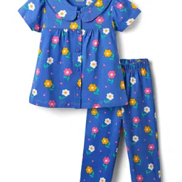 Babyhug Cotton Knit Half Sleeves Co-ords Front Open Night Suit With Floral Print - Blue-image-20