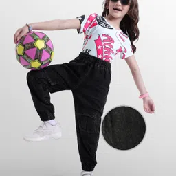 OLLINGTON ST. Cotton Half Sleeves Printed Top & Denim Pant Set - White & Black-image-49