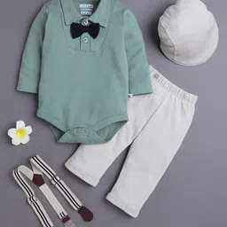 BUMZEE Cotton Knit Full Sleeves Solid & Attached Bow Onesie Pant Set With Suspender & Cap - Beige & Green-picture-23