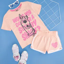 Pantaloons Junior Cotton Knit Warner Bros Scooby Doo Featuring Half Sleeves Character Printed Tee & Shorts Set - Peach-picture-32