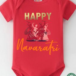 BLUSHES Infants Happy Navaratri Text Printed Pure Cotton Bodysuit-picture-2