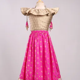 Twisha Short Sleeves Floral Motif Woven Choli With Flamingo Print Lehenga - Gold & Pink image 3