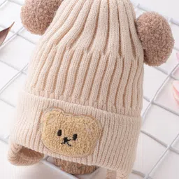Babyhug Pom Pom Acrylic Woolen Cap Bear Patch Design - Beige image 2