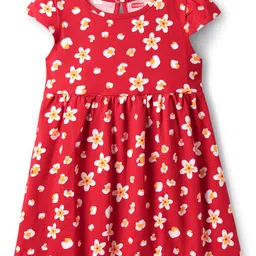 Babyhug Single Jersey Knit Cap Sleeves Frocks With Floral Print Pack Of 2 - Navy Blue & Red image 2