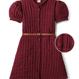 Hola Bonita Knit Half Sleeves Textured Dress With Belt - Wine image 2