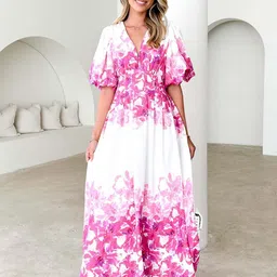StyleCast Women Floral Printed Puff Sleeve Gathered or Pleated Maxi Dress image 5