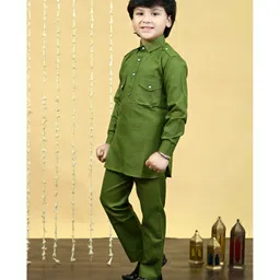 BT DEZINES Cotton Blend Full Sleeves Solid Pathani Kurta & Salwar Set - Mehandi Green image 4