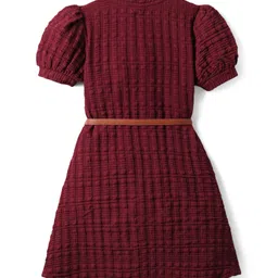 Hola Bonita Knit Half Sleeves Textured Dress With Belt - Wine image 3