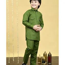 BT DEZINES Cotton Blend Full Sleeves Solid Pathani Kurta & Salwar Set - Mehandi Green image 5