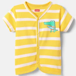 Babyhug 100% Cotton Antibacterial Half Sleeves Front Open Vest With Stripes & Animal Print Pack Of 3 - Yellow & Navy Blue image 4