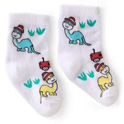 Cute Walk By Babyhug Anti-Bacterial Ankle Length Socks Dino & Tractor Design Pack Of 3- White Yellow & Blue image 5