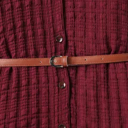 Hola Bonita Knit Half Sleeves Textured Dress With Belt - Wine image 5