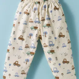 Mini Taurus Cotton Knit Full Sleeves Co-ord Night Suit with Vehicle Print - Cream image 5