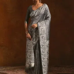 Soch Charcoal Tussar Floral Pattern Woven Saree with Tasselled Border-picture-16