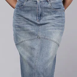 French Theory Silhouette Fringy Denim Midi Skirt image 2