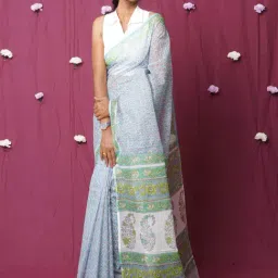 Unnati Silks Blue Floral Print Saree With Unstitched Blouse-image-66