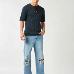 Bewakoof Blue Cotton Regular Fit Textured T-Shirt image 5