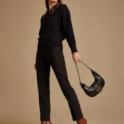 Kazo Black Polyester Relaxed Fit Textured Sweaters image 5