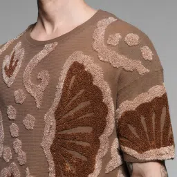 Jack & Jones Brown Cotton Oversized Self T-Shirt image 5