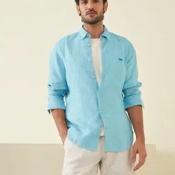 Andamen Blue Linen Slim Fit Solid Shirt-image-12