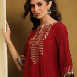 Biba Maroon Polyester Blend Self Design 3/4th Sleeve Kurta image 5