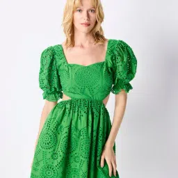 Cover Story Green Self Design Schiffli Skater Dress-picture-22