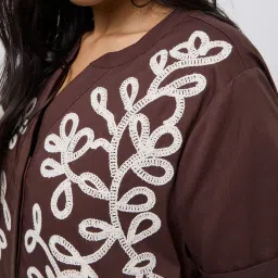 Gia by Westside Dark Brown Embroidered Cotton A-Line Dress image 5