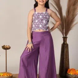 Fashion Dream Kids Purple Embroidered Crop Top With Palazzos Set-image-19
