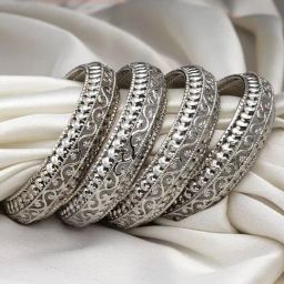 Zeneme Silver Plated Oxidised Textured Bangles for Women Set of 4-picture-38
