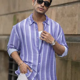 Powerlook Men Oversized Fit Vertical Striped Spread Collar Casual Shirt-image-42