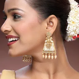 ADIVA 22K Gold-Plated Kundan Studded & Beaded Meenakari Peacock Shaped Drop Earrings image 2