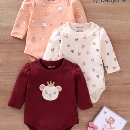 BabyoyeCotton Half Sleeves Onesies Hearts Print Pack of 3 - Cream Peach Maroon-image-45