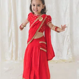 Tiber Taber Half Sleeves Foil Printed & Lace Embellished Saree Blouse Set With Brooch - Red-picture-25