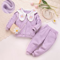 Mark & Mia Cotton Knit Full Sleeves Front Open Top and Jogger Set with Sling Bag - Lilac & White-picture-2