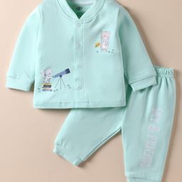 Zero Interlock Knit Full Sleeves Front Open T-shirt & Pant Set with Sky & Friends Animal Print - Aqua Blue-picture-10